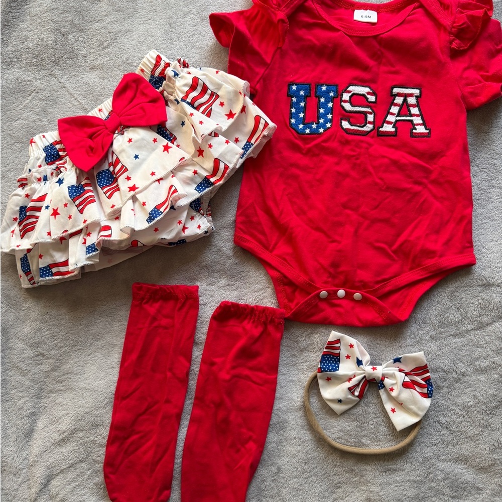 Red, blue and white outfit